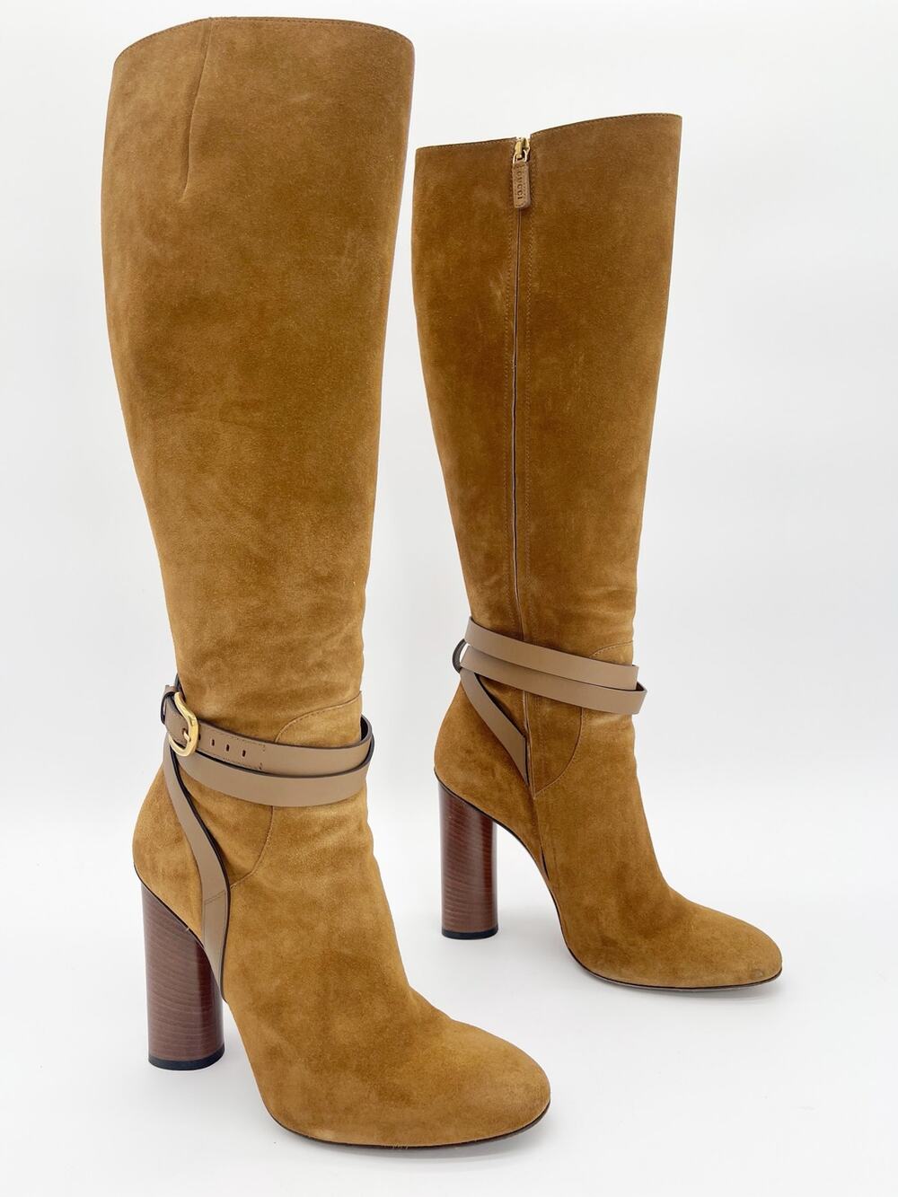 Gucci Abigail Spring 2015 Runway Camel Suede Knee High Block Heel Boots EU 40